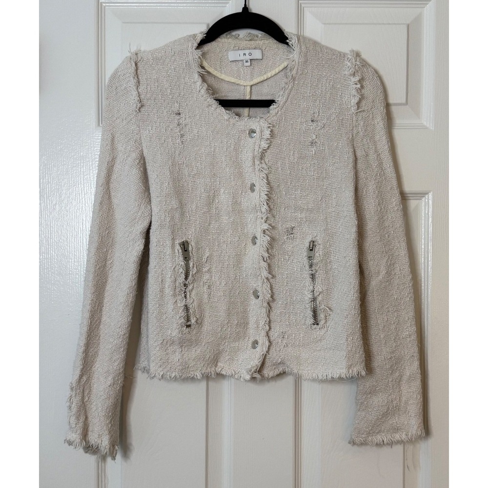 IRO Agnette Cream Distressed Boucle Tweed Jacket Snap Button Zip Cuffs Size 36